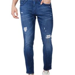 Spykar Blue Cotton Tapered Fit Distressed Jeans-image-87
