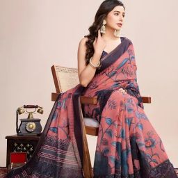 Satrani Pink Linen Kalamkari Saree With Unstitched Blouse image 4