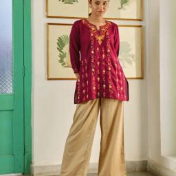 House Of Chikankari Maroon Cotton Straight Fit Aari Short Kurta-picture-24