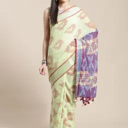 Kalakari India Green & Purple Linen Printed Saree With Unstitched Blouse-image-1