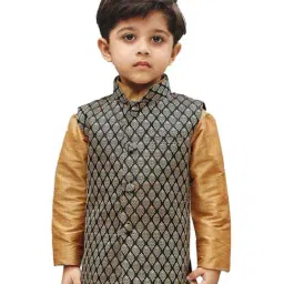 VASTRAMAY Kids Black & Golden Floral Print Nehru Jacket-image-87