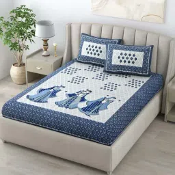Living Roots Blue & White Cotton 160 TC King Bedsheet with 2 Pillow Covers-image-93