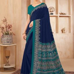 Satrani Navy Blue Silk Crepe Printed Saree With Unstitched Blouse-image-11