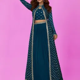 PARROT CREATION Floral Embroidered Round Neck Crop Top With Skirt & Longline Shrug-image-90