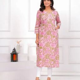 Meeranshi Pink Cotton Floral Three-Quarter Sleeves Kurta-picture-47