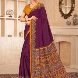 Satrani Wine Silk Crepe Printed Saree With Unstitched Blouse-image-3
