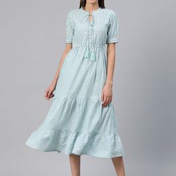 Cottinfab Striped Tie-Up Neck A-Line Midi Dress-image-18