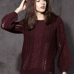 Roadster Women Burgundy Self Design Pullover-image-46
