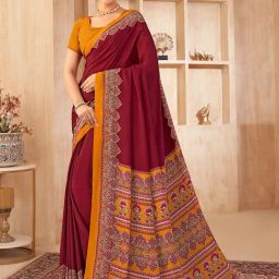 Satrani Maroon Silk Crepe Printed Saree With Unstitched Blouse-image-9