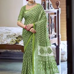 Satrani Green Pure Cotton Printed Saree With Unstitched Blouse-image-19