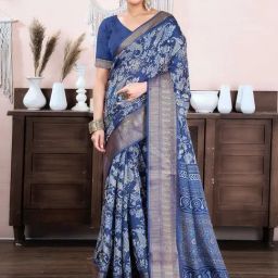 Satrani Blue Silk Blend Floral Saree With Unstitched Blouse-image-33