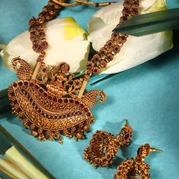 Saraf RS Jewellery Gold-Plated Pink Kempo Goddess Lakshmi Deseigner Temple Jewellery Set-image-16