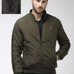 The Indian Garage Co Men Olive Green& Black Solid Reversible Bomber Jacket-picture-10