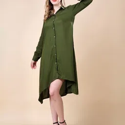 MODA-Q Women Solid Green Shirt Collar Asymmetric Hem Shirt Midi Dress-image-30