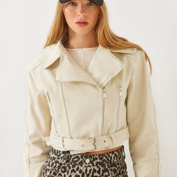 BIANCO LUCCI Women Cotton Solid Crop Biker Jacket-image-73