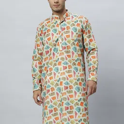 GLOBALRANG Geometric Printed Band Collar Pure Cotton Straight Kurta-image-35