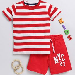 Little Marine Half Sleeves Rugby Striped & Number Printed Tee With Shorts Set - Red & White-image-46