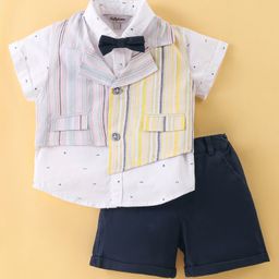 ToffyHouse Half Sleeves Printed Shirt & Shorts Set with Bow Tie & Striped Waist Coat - Multicolor-image-28