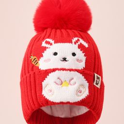 Babyhug Woollen Cap With Bunny Design - Red-1