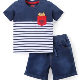 Babyhug Cotton Knit Half Sleeves Striped T-Shirt & Denim Shorts Set With Text Print - Multicolor-image-32