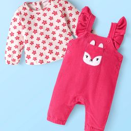 Babyhug Single Jersey Knit Dungaree & Full Sleeves Floral Printed T-Shirt - Dark Pink & White-image-35