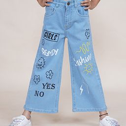 Kiddopanti Denim Floral & Text Printed Flared Jeans - Light Blue-image-58