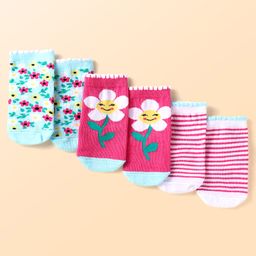 Cute Walk By Babyhug Cotton Knit Anti-Bacterial Ankle Length Socks With Stripes & Floral Design Pack Of 3 - Pink & Light Blue-picture-42