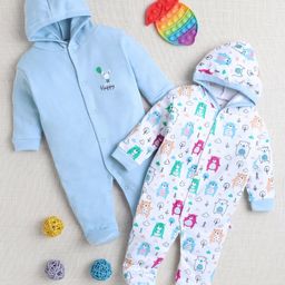 Bumzee Pack Of 2 Cotton Knit Full Sleeves Animals Printed Hooded Sleepsuits - Sky Blue & White-image-90