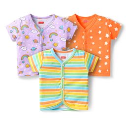 Babyhug 100% Cotton Interlock Knit Half Sleeves Antibacterial Vests With Rainbow Striped & Star Print Pack Of 3 - Orange Purple & Yellow-image-74