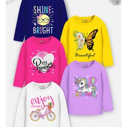 Trampoline Cotton Blend Pack Of 5 Full Sleeves Princess Text & Unicorn Printed Tees - Multi Colour-image-88