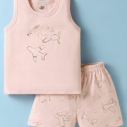 Zero Interlock Knit Sleeveless Shorts Nightsuit with Airplane Print - Peach-image-81