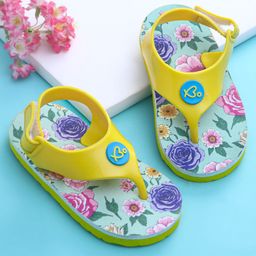 Babyoye Velcro Closure Flip Flops with Floral Print - Green & Yellow-image-30