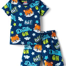 Babyhug Cotton Knit Half Sleeves Co-ords Shorts Night Suit with Cub Print - Navy Blue-image-47