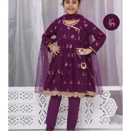 Little Bansi Cotton Three Fourth Sleeves Reindeer Foil Printed Lace Embellished Angrakha Style Kurta Pyjama With Dupatta Set - Purple-picture-14