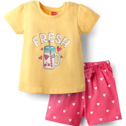 Babyhug Cotton Knit Half Sleeves Shorts Night Suit With Fresh Text Print & Bow Applique- Yellow & Pink-image-95
