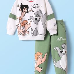 Babyhug Disney Terry Knit Full Sleeves T-Shirt & Lounge Pant With Mowgli & Balu Graphics - White & Green-picture-18