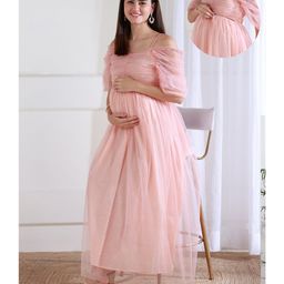Shades of Sabi Mesh Woven Cold Shoulder Half Sleeves Shimmered Maternity Dress With Front Open Two Layer Lift Nursing Access - Pink-image-84