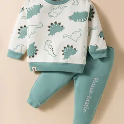 Little Darlings Fleece Knit Full Sleeves Winter Night Suit with Dino Print - Light Blue-picture-7