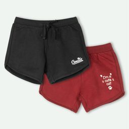 Ariel Cotton Knit Pack Of 2 Smile & I M A Cute Cat Text Printed Shorts - Black & Maroon-image-68