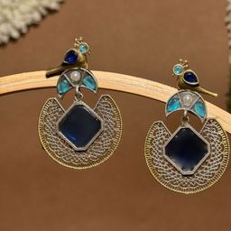 NAMAN ARTS Silver Plated Artificial Stones Studded Peacock Shaped Drop Earrings-picture-6
