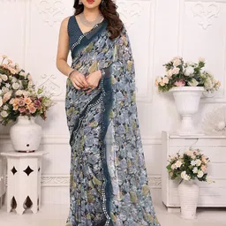 Nirmohi Fashion Floral Printed Mirror Work Pure Georgette Saree-picture-22