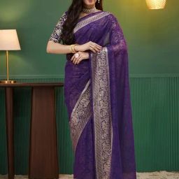 Satrani Purple Georgette Printed Saree With Unstitched Blouse-image-2