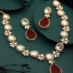 Saraf RS Jewellery Victorian Ruby Dual Tone Uncut Polki Kundan Jewellery Set-14