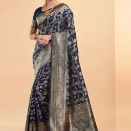 Satrani Navy Silk Woven Saree With Unstitched Blouse-image-25