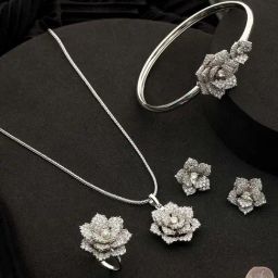 Saraf RS Jewellery Silver-Plated AD Studded Rose Statement Combo Jewellery Set-image-18