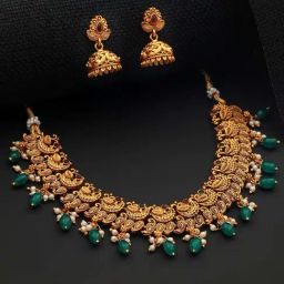 Saraf RS Jewellery Gold-Plated Green Stone Studded Peacock Temple Jewellery Set-image-60