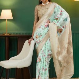 Satrani Beige Chanderi Silk Floral Saree With Unstitched Blouse-image-16