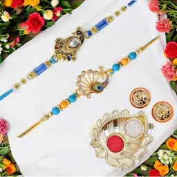 MEIRA JEWELLERY Set Of 2 Stone-Studded & Beaded Rakhi With Greeting Card Gift Set-image-84