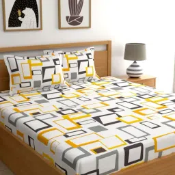 Home Ecstasy White & Yellow Cotton 140 TC Bedsheet Set-image-36