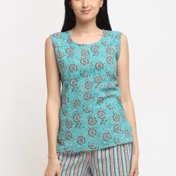 NEUDIS Teal Blue Cotton Floral Print Top Shorts Set-image-79
